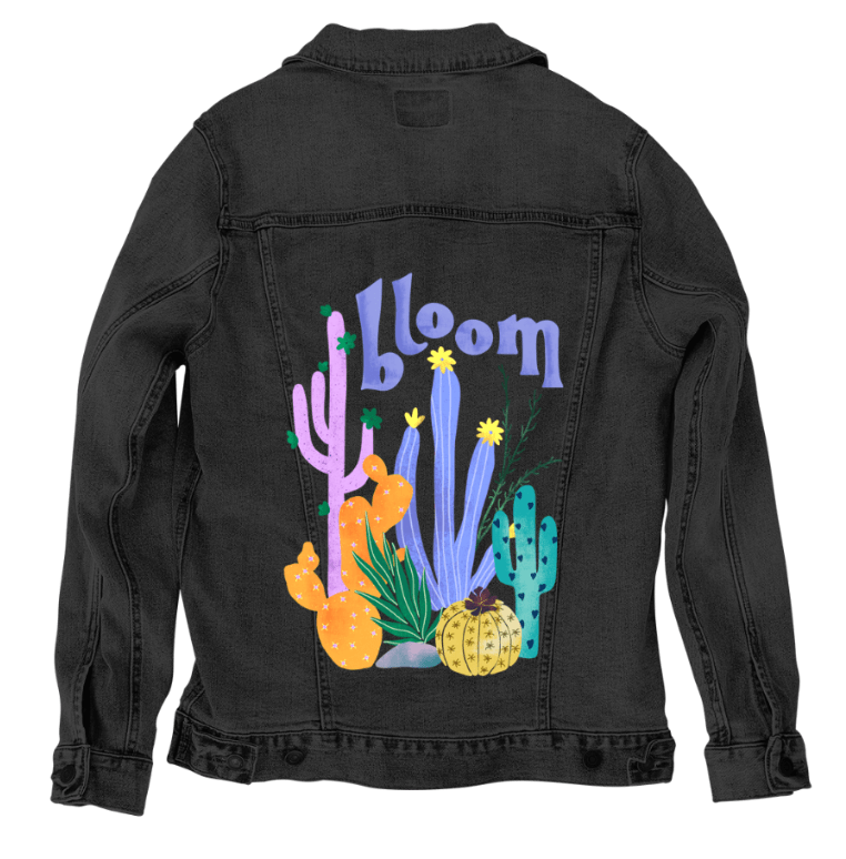 CACTUS BLOOMS by thearticsoul, printed on denim jackets and other denim products: tote bags, throw pillows, table place mats, aprons