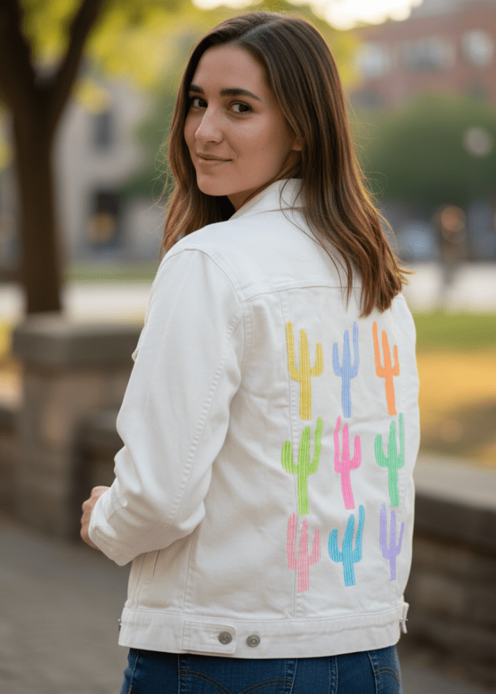 CACTUS GARDEN by HEND SHEHATA, printed on denim jackets and other denim products: tote bags, throw pillows, table place mats, aprons