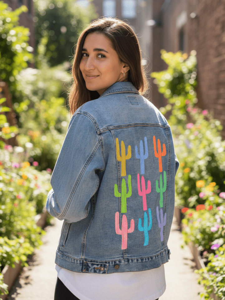 CACTUS GARDEN by HEND SHEHATA, printed on denim jackets and other denim products: tote bags, throw pillows, table place mats, aprons