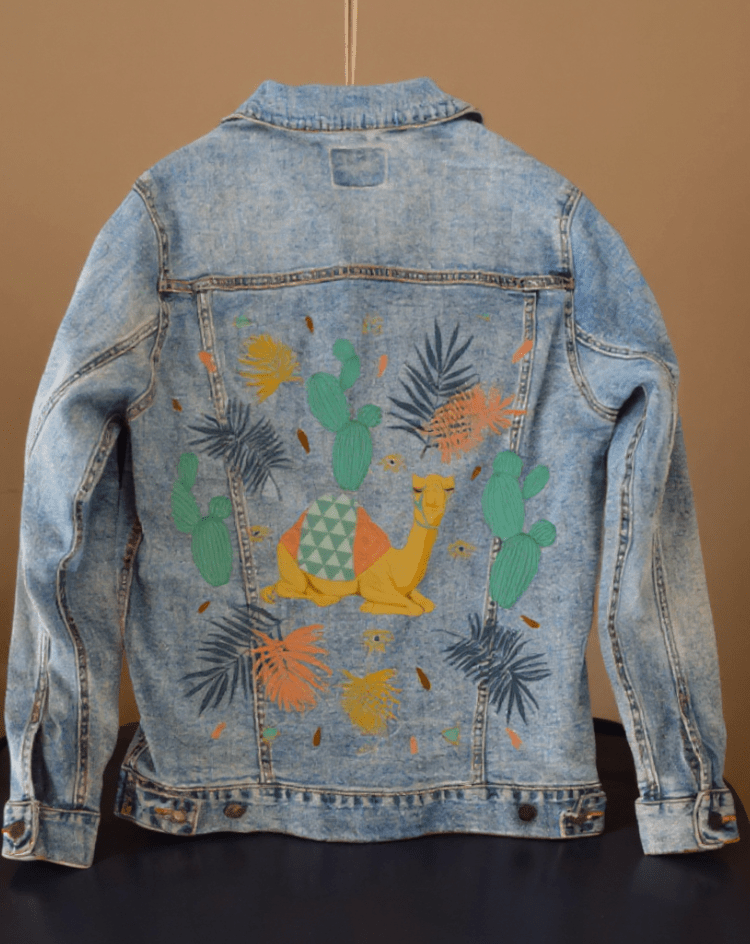 CAMEL by HEND SHEHATA, printed on denim jackets and other denim products: tote bags, throw pillows, table place mats, aprons