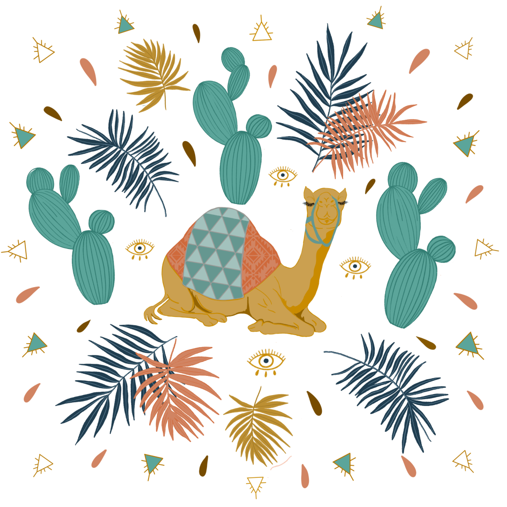 CAMEL by HEND SHEHATA, printed on denim jackets and other denim products: tote bags, throw pillows, table place mats, aprons