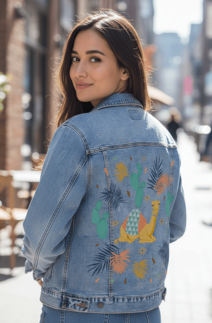 CAMEL by HEND SHEHATA, printed on denim jackets and other denim products: tote bags, throw pillows, table place mats, aprons