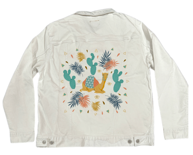 CAMEL by HEND SHEHATA, printed on denim jackets and other denim products: tote bags, throw pillows, table place mats, aprons