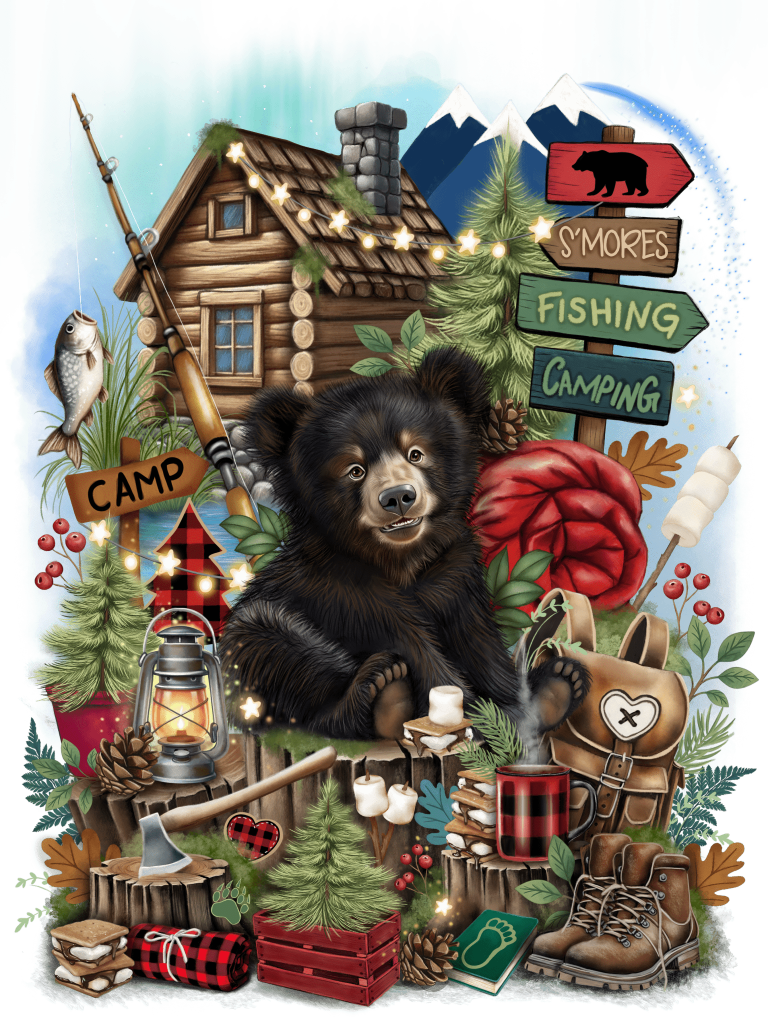 illustration of a cozy camping scene centered on a fluffy black bear cub sitting on a tree stump, paws lifted forward and expression gentle and curious. behind the bear is a wooden log cabin with a stone chimney, pine trees, mountains, and string lights. surrounding objects include a fishing rod with a fish, lantern, axe, boots, backpack, camp mug, marshmallows, pinecones, signs reading “camp,” “s’mores,” “fishing,” and “camping,” and small forest details like leaves, berries, and stars. "Camping Companion"