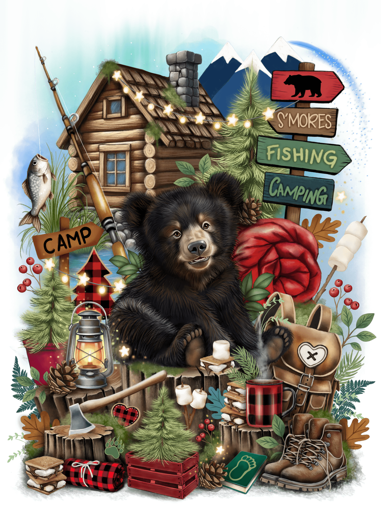 CAMPING COMPANION by SHEENA PIKE, printed on denim jackets and other denim products: tote bags, throw pillows, table place mats, aprons