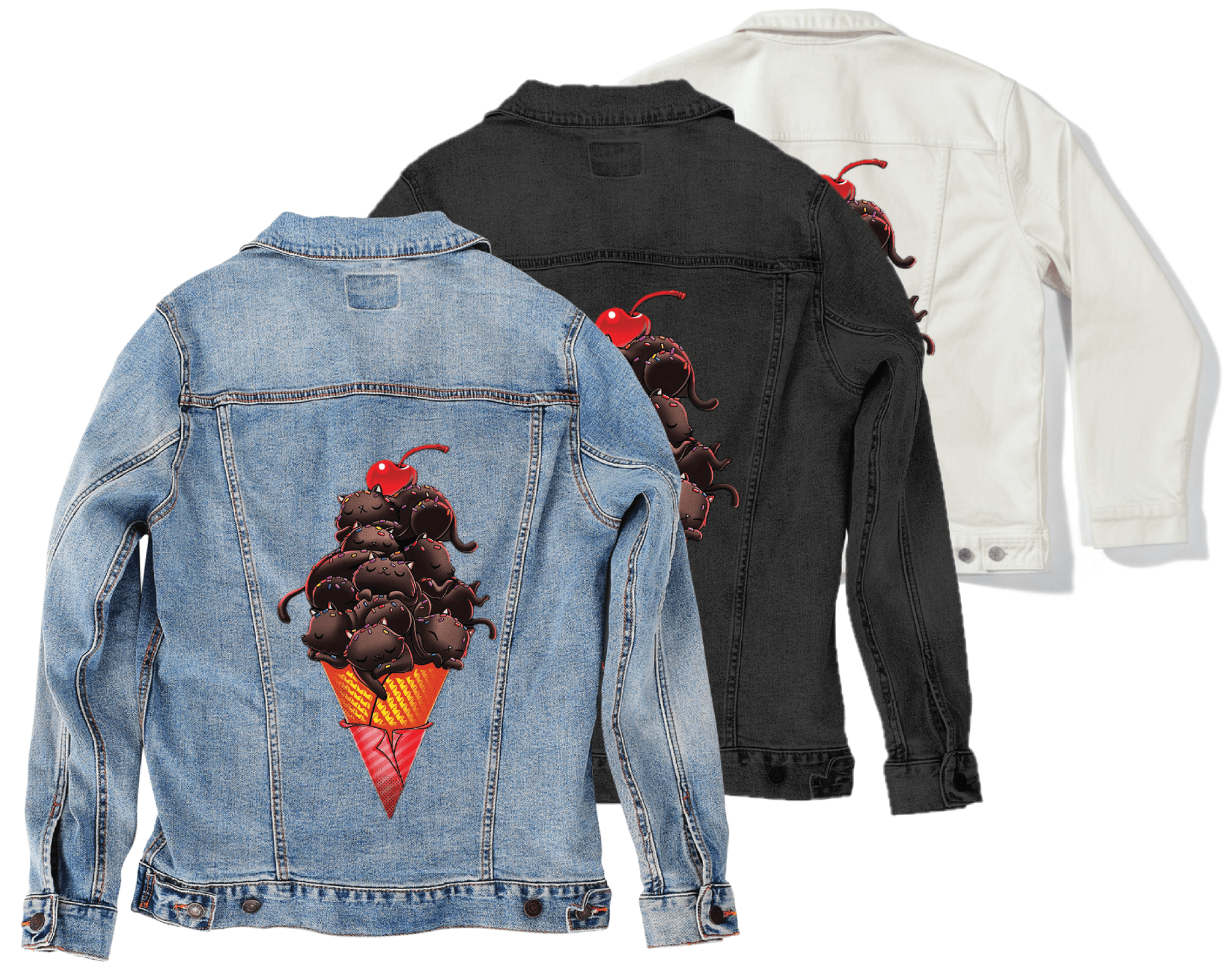 CAT ICE CREAM by TOBE FONSECA, digitally printed on DENIM products: throw pillows, aprons, table place mats, and hand-crafted Unisex Denim Jackets in 3 color choices