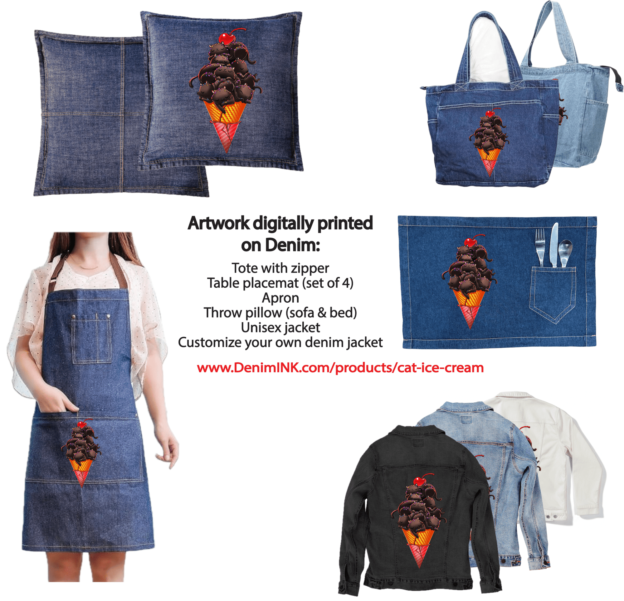 CAT ICE CREAM by TOBE FONSECA, digitally printed on DENIM products: throw pillows, aprons, table place mats, and hand-crafted Unisex Denim Jackets in 3 color choices