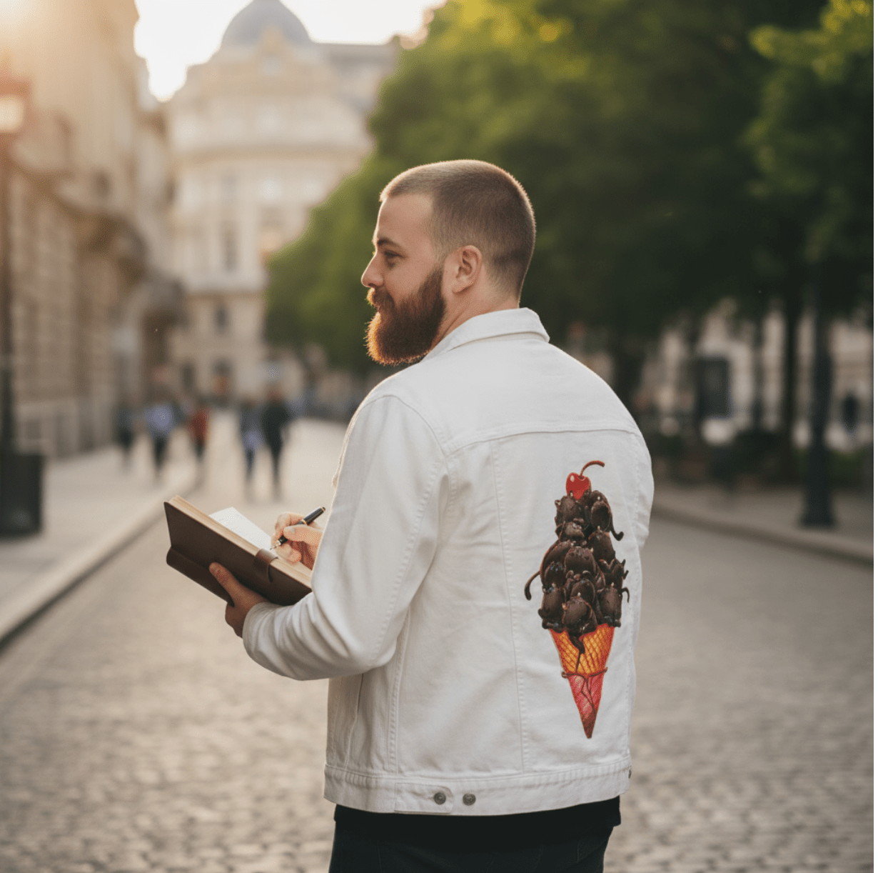 CAT ICE CREAM by TOBE FONSECA, digitally printed on DENIM products: throw pillows, aprons, table place mats, and hand-crafted Unisex Denim Jackets in 3 color choices