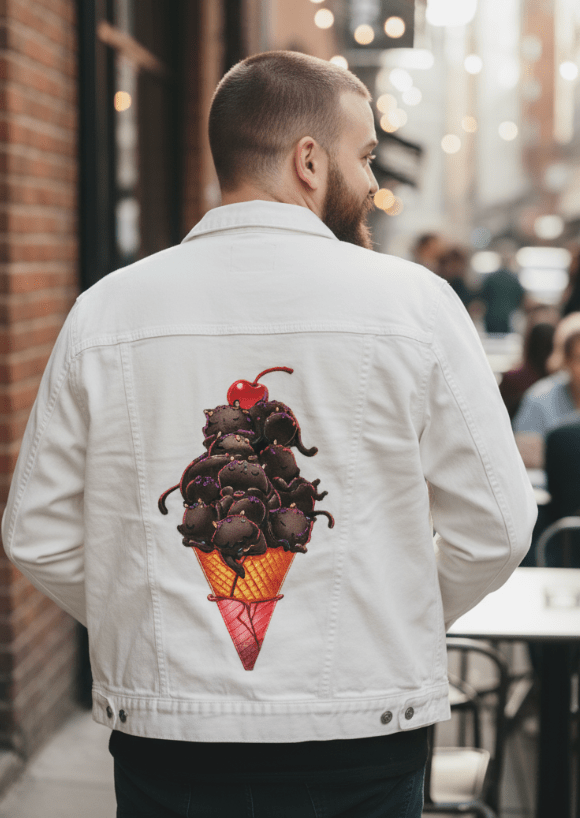 CAT ICE CREAM by TOBE FONSECA, digitally printed on DENIM products: throw pillows, aprons, table place mats, and hand-crafted Unisex Denim Jackets in 3 color choices