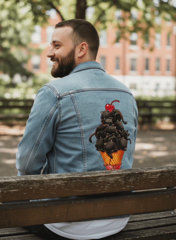 CAT ICE CREAM by TOBE FONSECA printed by DenimINK on hand-crafted Denim Jackets &amp; other Denim products. 3 colors: Stonewash, White, Black. Unisex XS-3X. USA printed