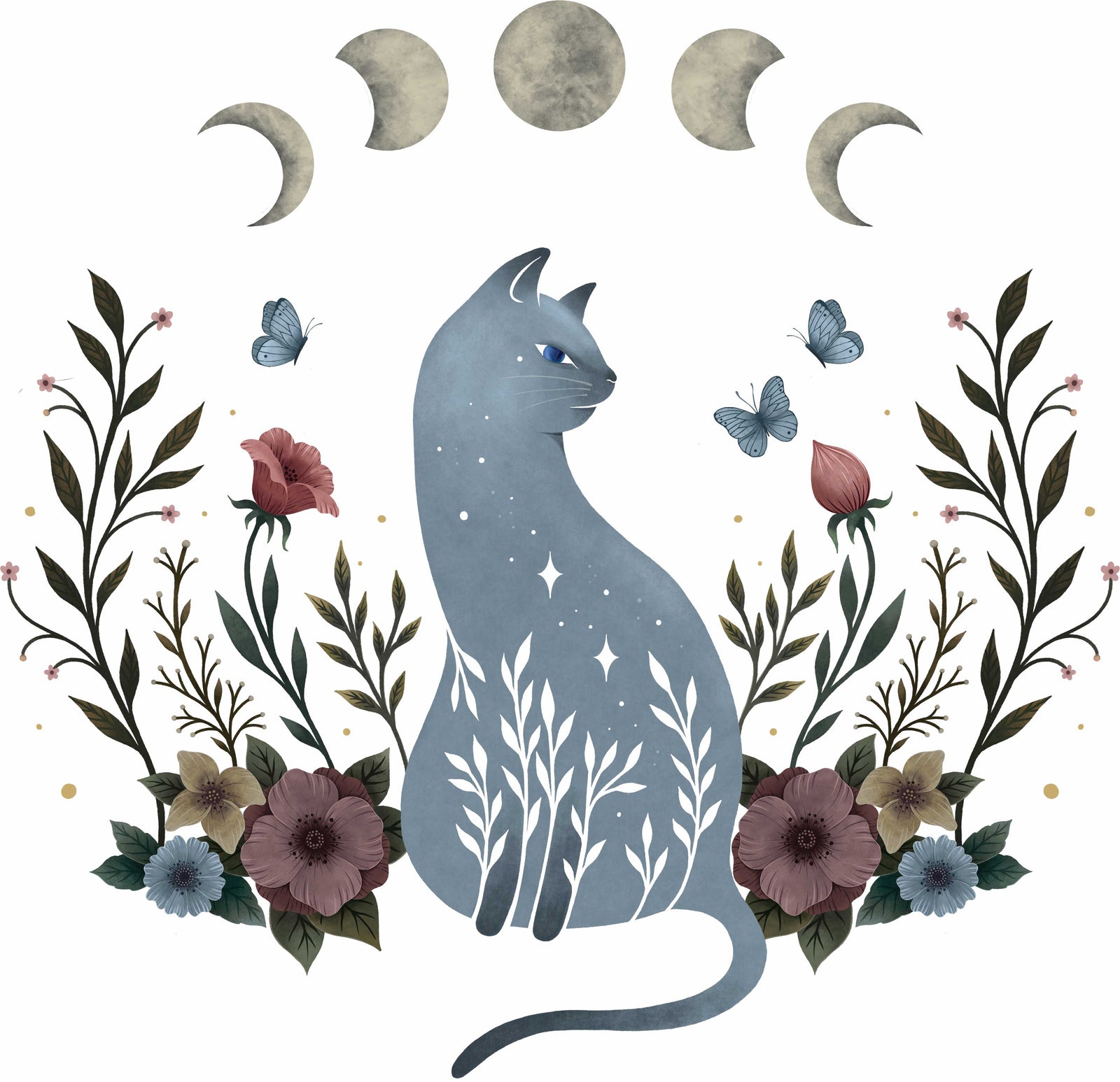 CAT ON THE HILL by EPISODIC DRAWING, digitally printed on DENIM products: throw pillows, aprons, table place mats, and hand-made Unisex Denim Jackets in 3 color choices