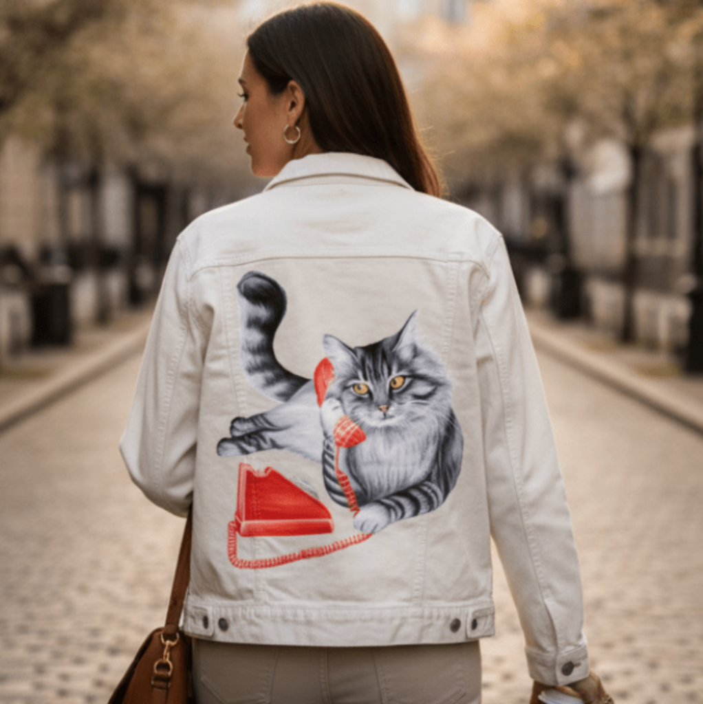 back view of a model walking down a cobblestone city street wearing a white denim jacket featuring the artwork “Cat on the Phone” by Amelia Legault, showing a gray cat holding a red vintage telephone. the artwork is digitally printed on the jacket’s back panel by DenimINK
