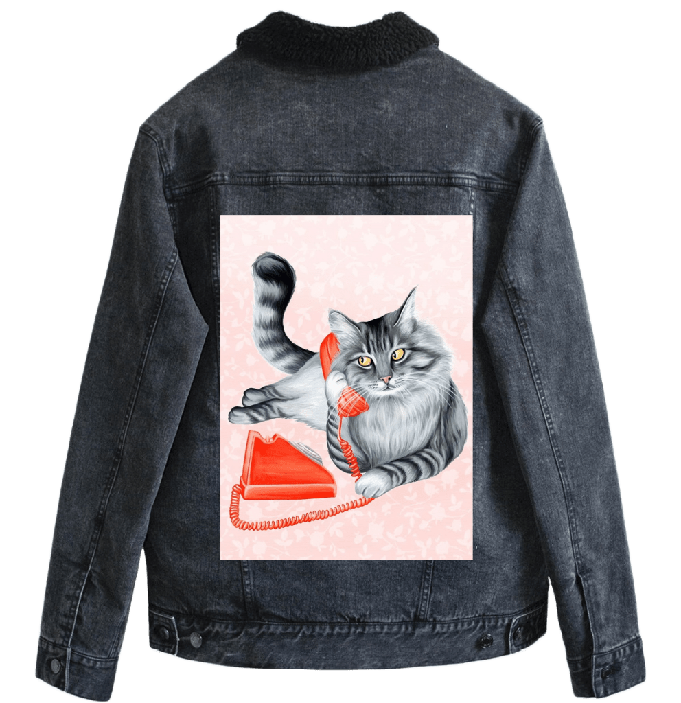 CAT ON THE PHONE with pink background by Amélie Legault custom denim jacket by DenimINK