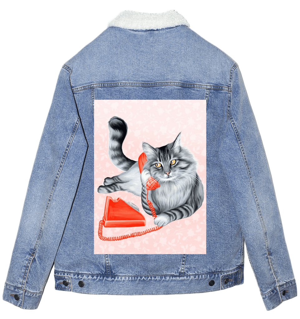 CAT ON THE PHONE with pink background by Amélie Legault custom denim jacket by DenimINK