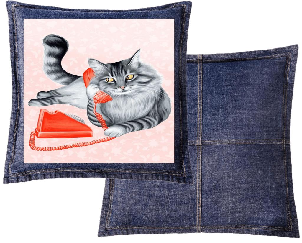 CAT ON THE PHONE with pink background by Amélie Legault custom denim jacket by DenimINK