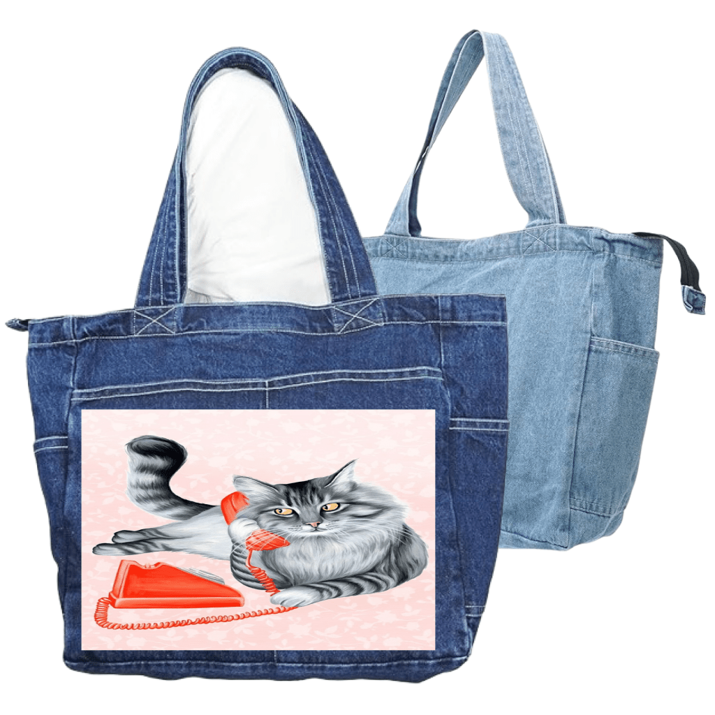 CAT ON THE PHONE with pink background by Amélie Legault custom denim jacket by DenimINK