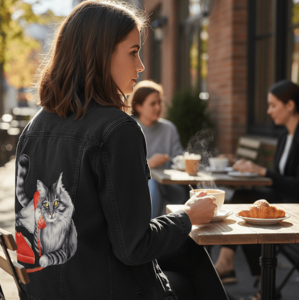 back view of a model sitting at an outdoor café table with a cup of coffee and pastry, wearing a black denim jacket featuring the artwork “Cat on the Phone” by Amélie Legault, showing a gray cat holding a red vintage telephone. the artwork is digitally printed on the jacket’s back panel by DenimINK