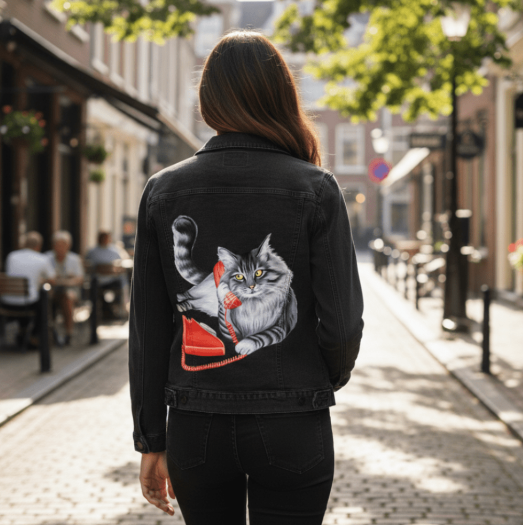 back view of a model walking down a sunny city street wearing a black denim jacket featuring the artwork “Cat on the Phone” by Amélie Legault, showing a gray cat holding a red vintage telephone. the design is digitally printed on the jacket’s back panel by DenimINK. People sitting on side of street.