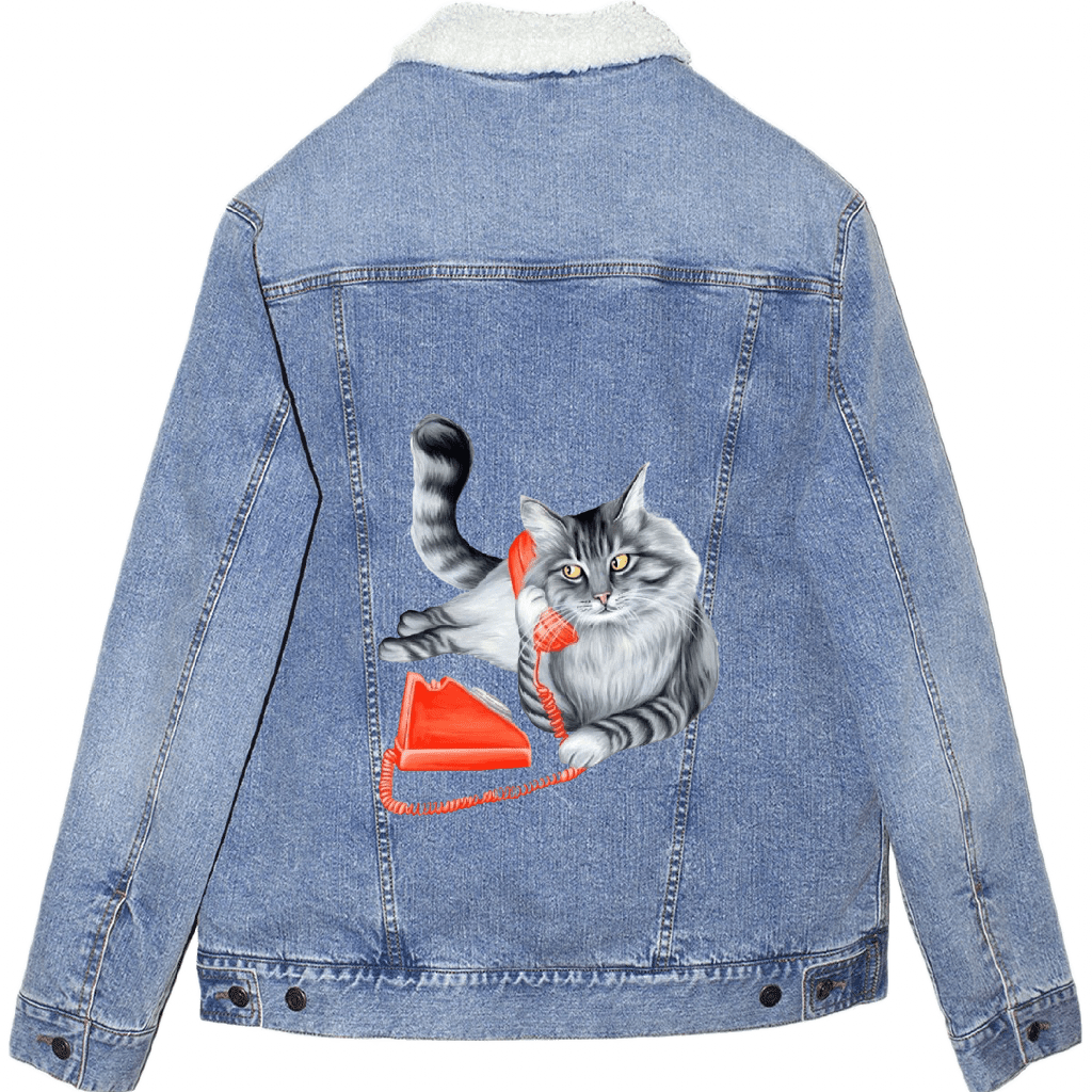 Mock up of a fluffy gray long-haired cat reclining with its tail curled upward, holding a bright red vintage telephone receiver to its ear Digitally printed by DenimINK on a Serpa-lined unisex stonewashed denim jacket.  the cat’s fur is rendered in layered charcoal &amp; silver tones with fine whisker lines &amp; golden-yellow eyes gazing forward. a matching red phone base &amp; coiled cord rest below. titled “Cat on the Phone” &amp; created by Amélie Legault