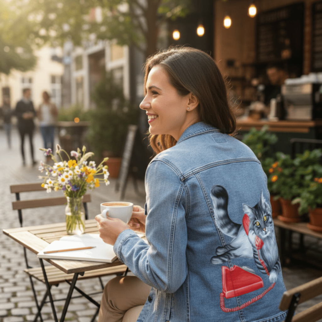 back view of a smiling model sitting at an outdoor café table, holding a cup of coffee and wearing a stonewashed denim jacket featuring the artwork “Cat on the Phone” by Amélie Legault, showing a gray cat holding a red vintage telephone. the artwork is digitally printed on the jacket’s back panel by DenimINK
