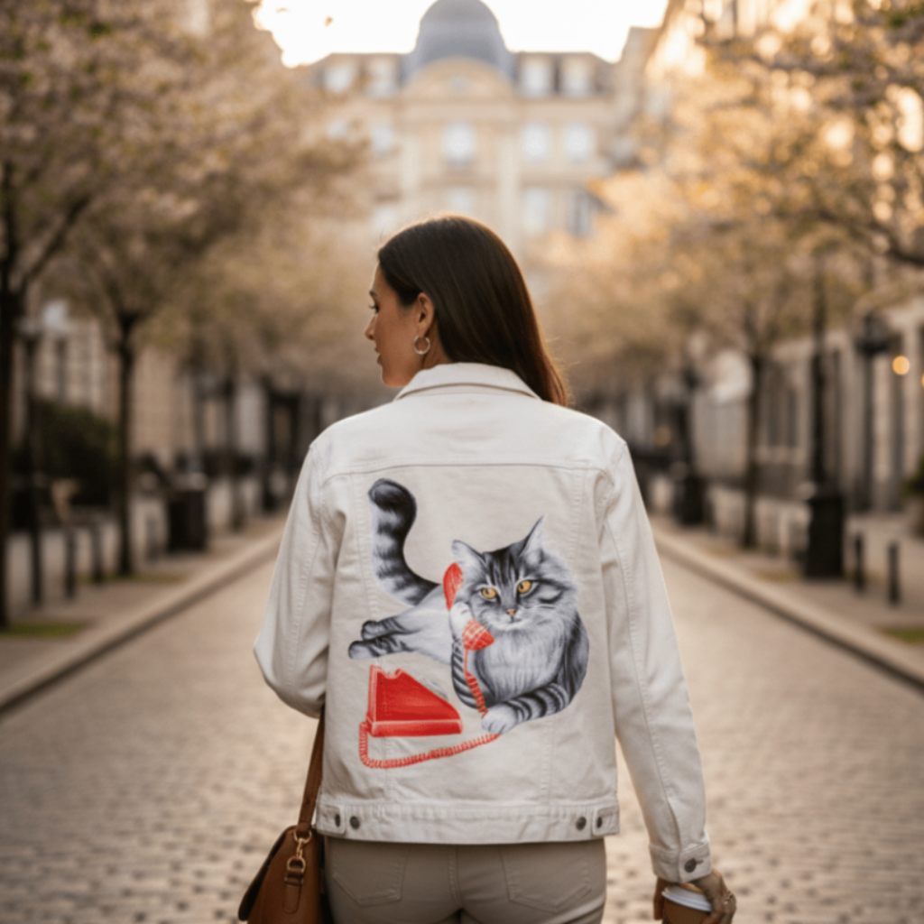 back view of a model walking down a tree-lined cobblestone city street wearing a white denim jacket featuring the artwork “Cat on the Phone” by Amélie Legault, showing a gray cat holding a red vintage telephone. the artwork is digitally printed on the jacket’s back panel by DenimINK