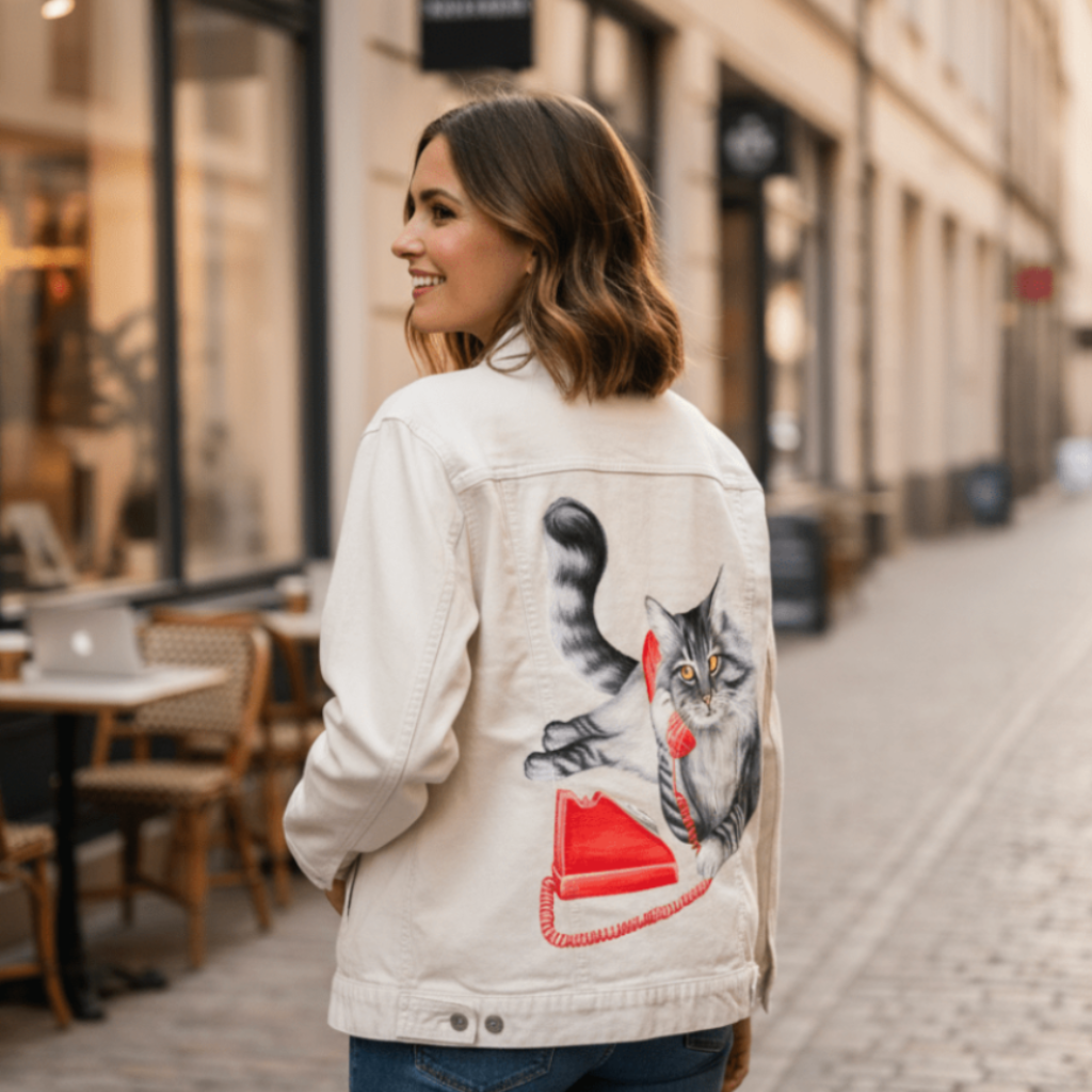 back view of a smiling model walking down a cobblestone street wearing a white denim jacket featuring the artwork “Cat on the Phone” by Amélie Legault, showing a gray cat holding a red vintage telephone. the artwork is digitally printed on the jacket’s back panel by DenimINK
