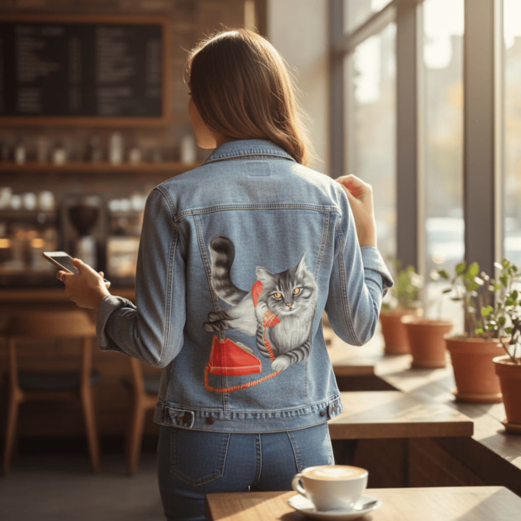 back view of a model standing in a café holding a phone and wearing a stonewashed denim jacket featuring the artwork “Cat on the Phone” by Amelia Legault, showing a gray cat holding a red vintage telephone. the artwork is digitally printed on the jacket’s back panel by DenimINK