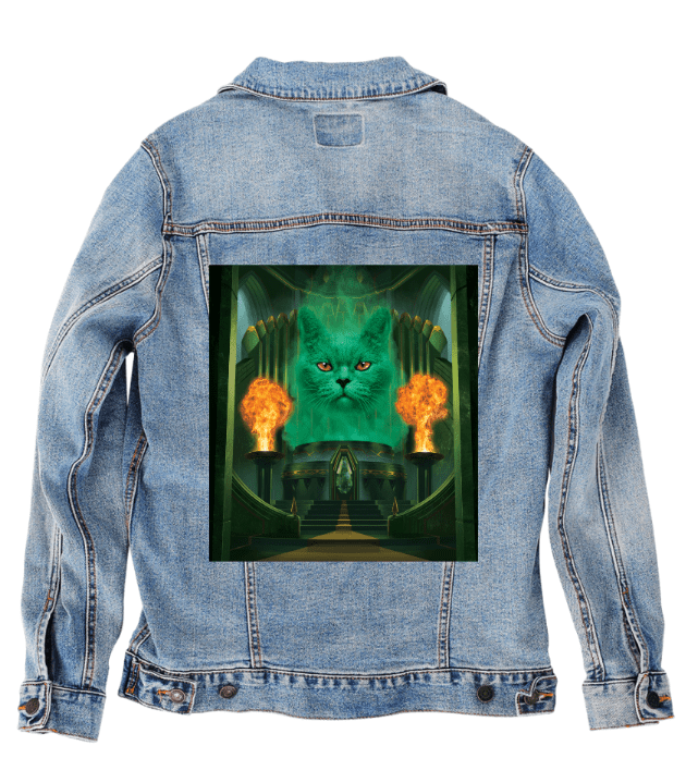 CAT THE GREAT AND POWERFUL by VINCENT HIE, printed on denim jackets and other denim products: tote bags, throw pillows, table place mats, aprons