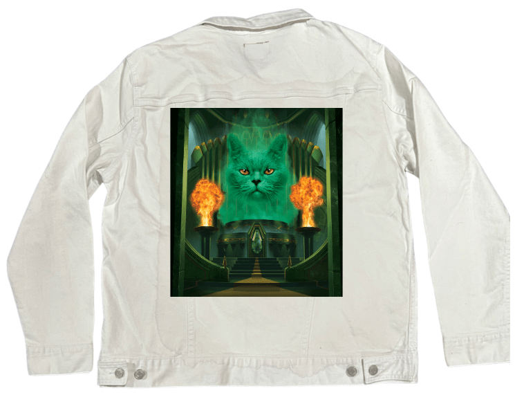 CAT THE GREAT AND POWERFUL by VINCENT HIE, printed on denim jackets and other denim products: tote bags, throw pillows, table place mats, aprons