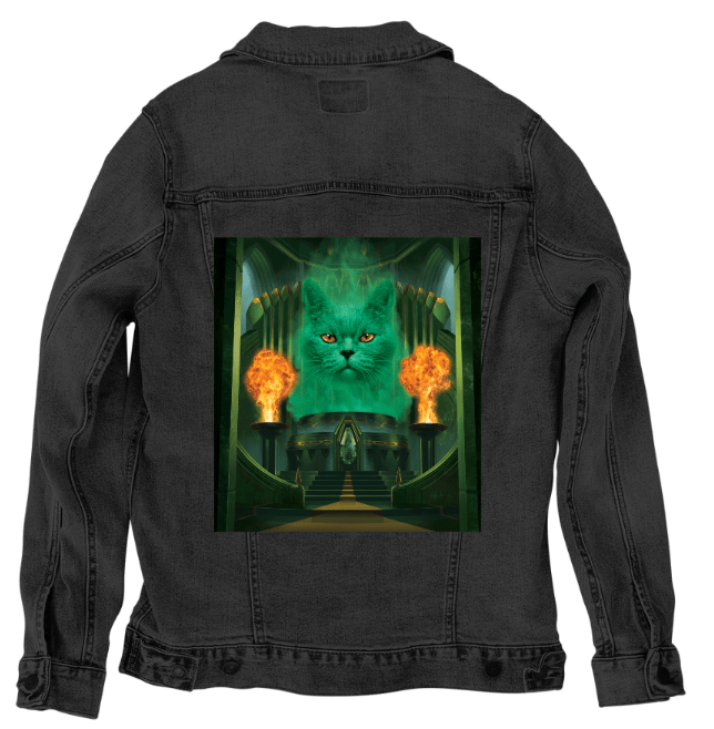 CAT THE GREAT AND POWERFUL by VINCENT HIE, printed on denim jackets and other denim products: tote bags, throw pillows, table place mats, aprons