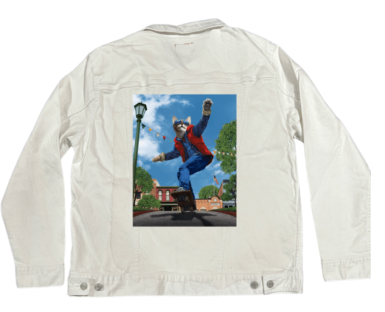 CAT TO THE FUTURE by VINCENT HIE, printed on denim jackets and other denim products: tote bags, throw pillows, table place mats, aprons