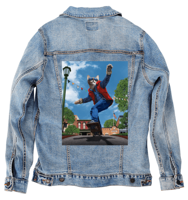 CAT TO THE FUTURE by VINCENT HIE, printed on denim jackets and other denim products: tote bags, throw pillows, table place mats, aprons