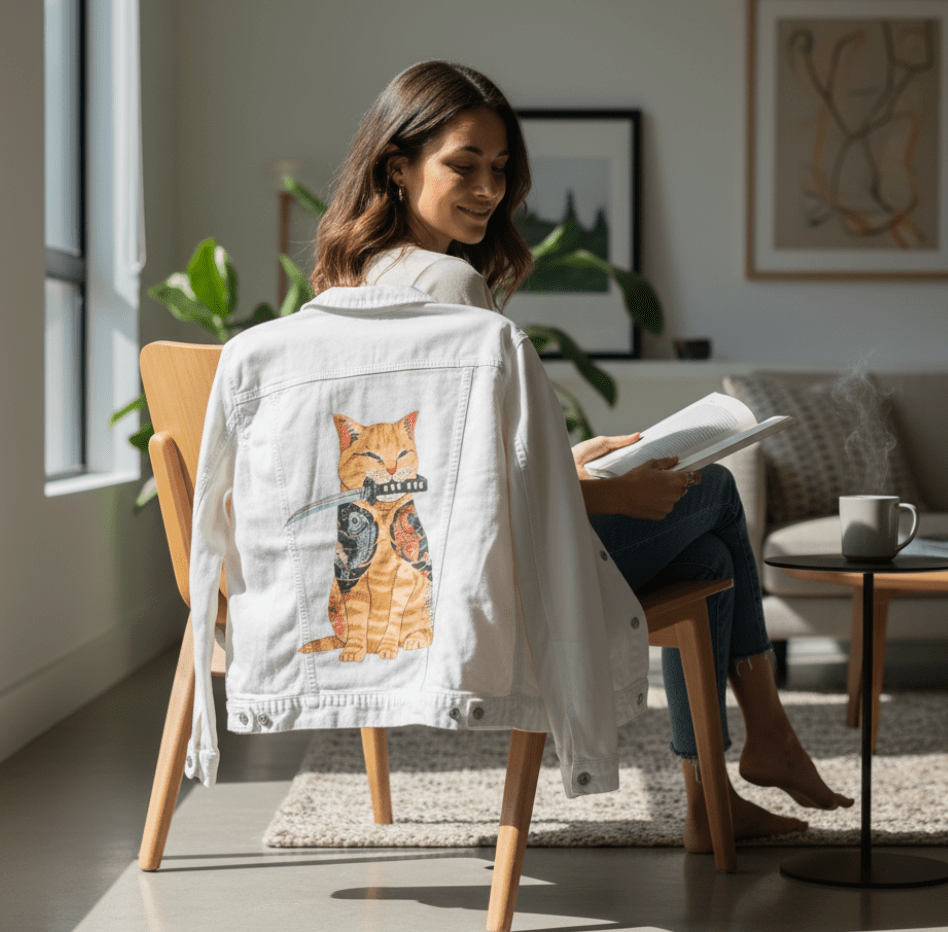 CATANA by VINCENT TRINIDAD, digitally printed on DENIM products: throw pillows, aprons, table place mats, and hand-crafted Unisex Denim Jackets in 3 color choices