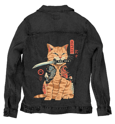 CATANA by VINCENT TRINIDAD, digitally printed on DENIM products: throw pillows, aprons, table place mats, and hand-crafted Unisex Denim Jackets in 3 color choices