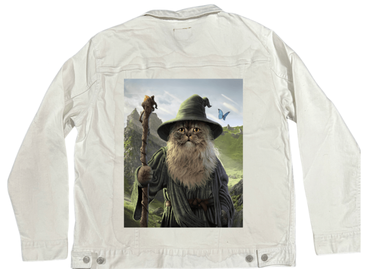 CATDALF by VINCENT HIE, printed on denim jackets and other denim products: tote bags, throw pillows, table place mats, aprons