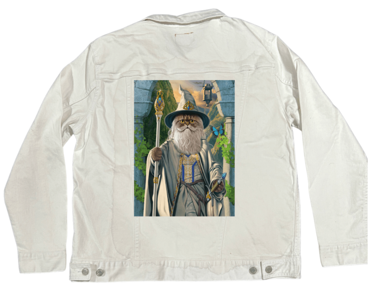 CATDALF THE WHITE by VINCENT HIE, printed on denim jackets and other denim products: tote bags, throw pillows, table place mats, aprons
