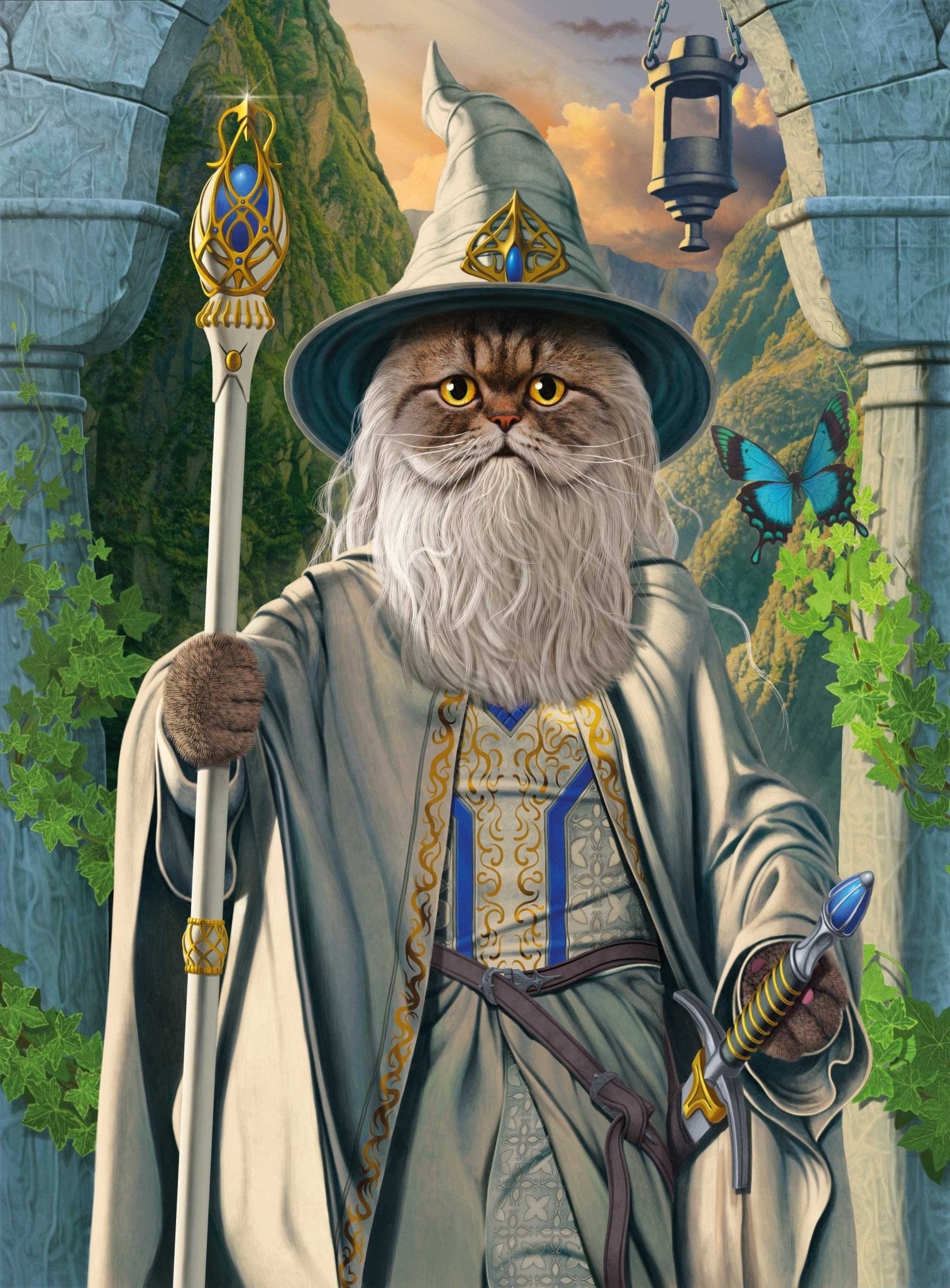 CATDALF THE WHITE by VINCENT HIE, printed on denim jackets and other denim products: tote bags, throw pillows, table place mats, aprons