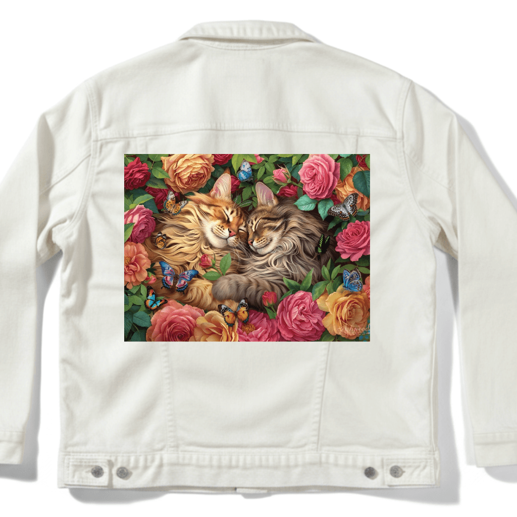 back view of a white denim jacket featuring the artwork “Cats in Love” by Brigid Ashwood, printed centered on the back panel. the artwork shows two long-haired cats resting cheek to cheek among blooming roses and green foliage, with small colorful butterflies throughout the scene. the soft floral colors stand out gently against the clean white denim. digitally printed by DenimINK.