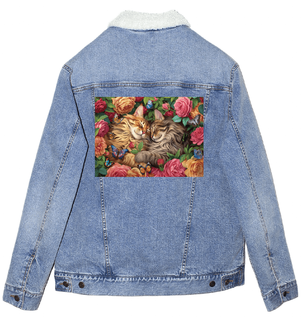 back view of a stonewash blue denim jacket with an off-white sherpa-style liner featuring the artwork “Cats in Love” by Brigid Ashwood, printed centered on the back panel. the artwork shows two long-haired cats resting cheek to cheek among blooming roses and green foliage, with small colorful butterflies scattered throughout the scene. the warm floral colors contrast softly against the faded denim. digitally printed by DenimINK.