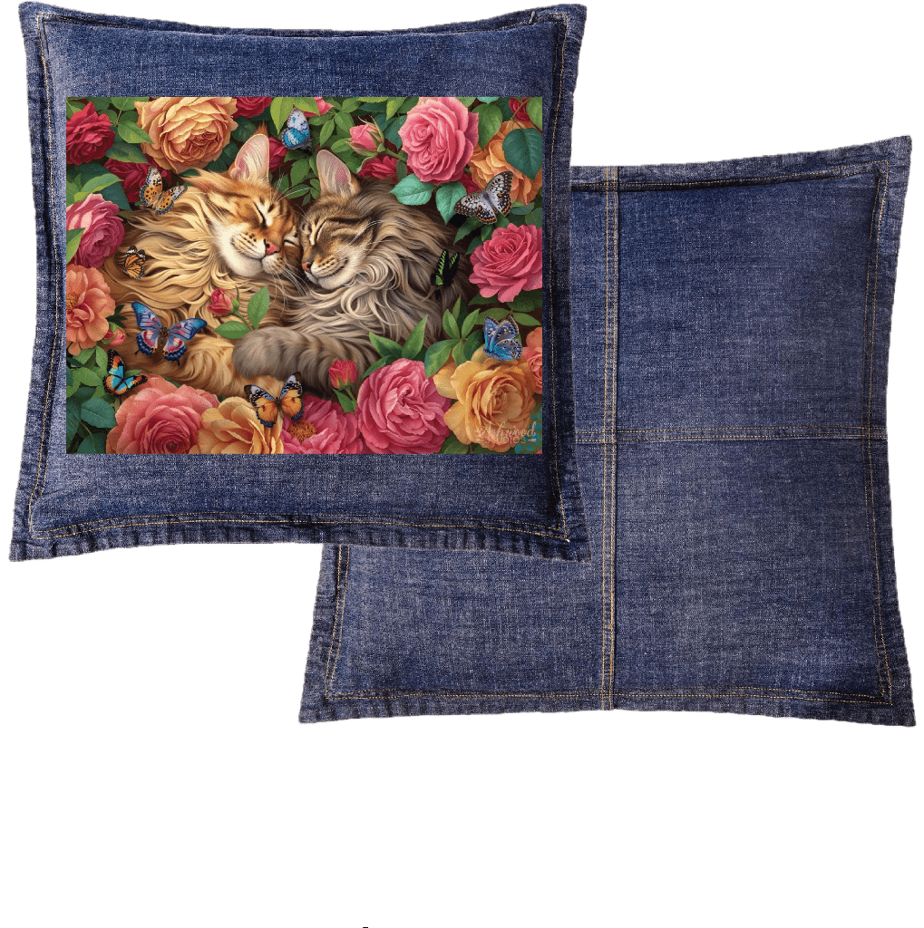 front and back view of a blue denim throw pillow featuring the artwork “Cats in Love” by Brigid Ashwood, printed centered on the front panel. the artwork shows two long-haired cats resting cheek to cheek among blooming roses and green foliage, with small colorful butterflies scattered throughout the floral scene. contrast stitching and visible denim seams frame the artwork, while the back panel shows plain blue denim. digitally printed by DenimINK.