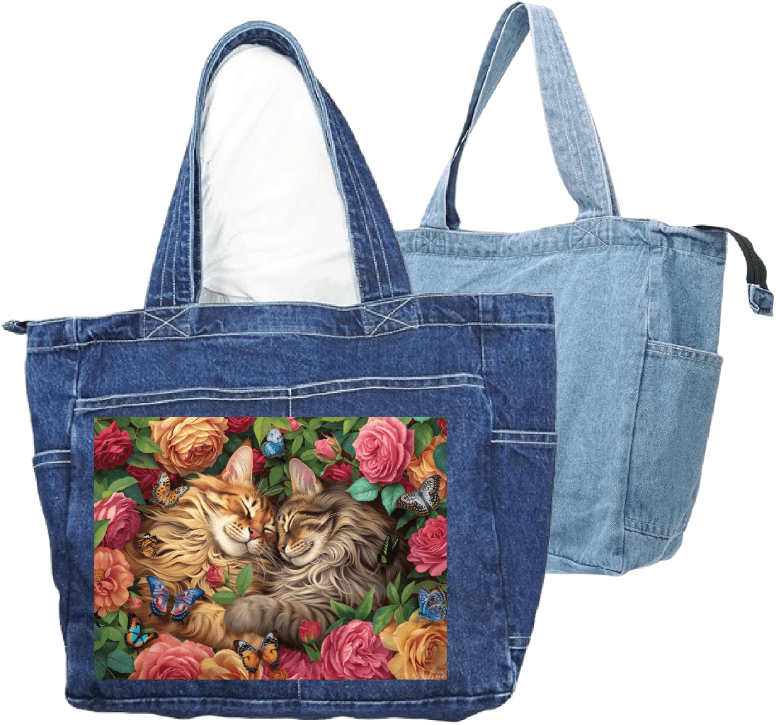 front view of a classic blue denim tote bag and back view of a stonewashed denim tote bag featuring the artwork “Cats in Love” by Brigid Ashwood, printed large and centered on the front panel. the artwork shows two long-haired cats resting cheek to cheek among blooming roses, green foliage, and small colorful butterflies. the romantic floral scene contrasts clearly against the textured blue denim. the zippered tote bag features reinforced handles and exterior pockets. digitally printed by DenimINK.