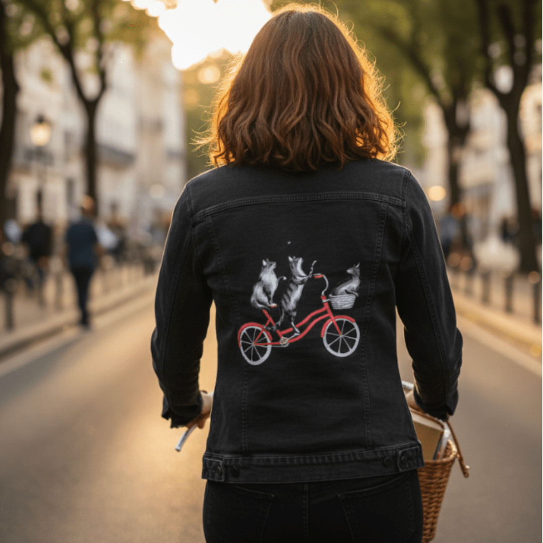 direct rear view of a model riding a bicycle down a wide, tree-lined city street as the sun dips low, casting long shadows and bathing everything in amber light. she wears a black denim jacket featuring the artwork “Cats on a Bicycle” by Amélie Legault, printed boldly across the back panel by DenimINK. the illustration mirrors the motion of the moment: gray cats balanced together on a red bicycle, their playful posture echoing the gentle rhythm of pedaling forward. the jacket stretches slightly across her s