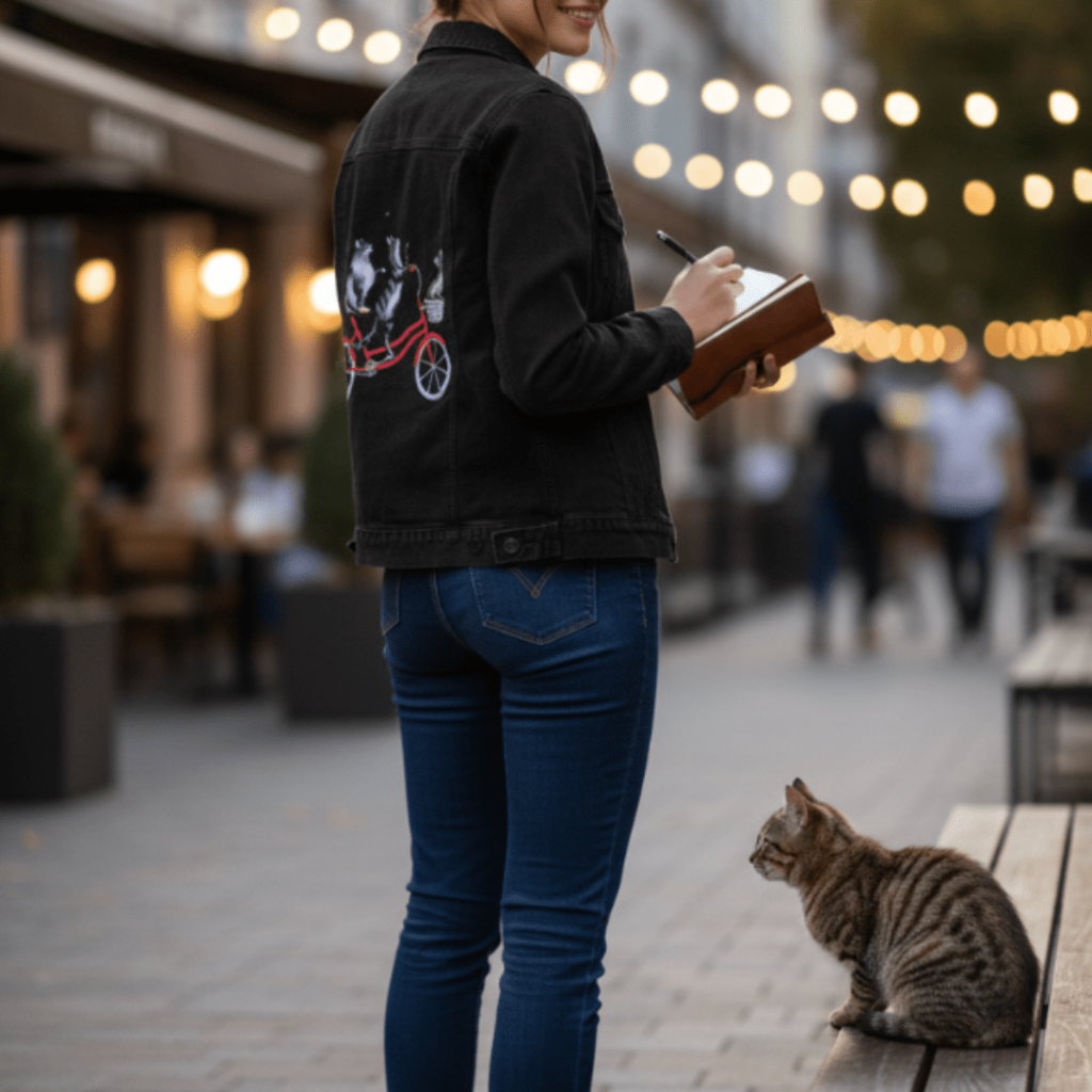 full back view of a model standing on a lively city street at dusk, wrapped in the golden glow of string lights suspended overhead like floating orbs. she wears a black denim jacket featuring the artwork “Cats on a Bicycle” by Amélie Legault, digitally printed on the back panel by DenimINK. the illustration shows gray cats riding a red bicycle, the bright red wheels and frame striking vividly against the deep black denim. the model holds a small notebook and pen in her hands, pausing mid-thought as if captu
