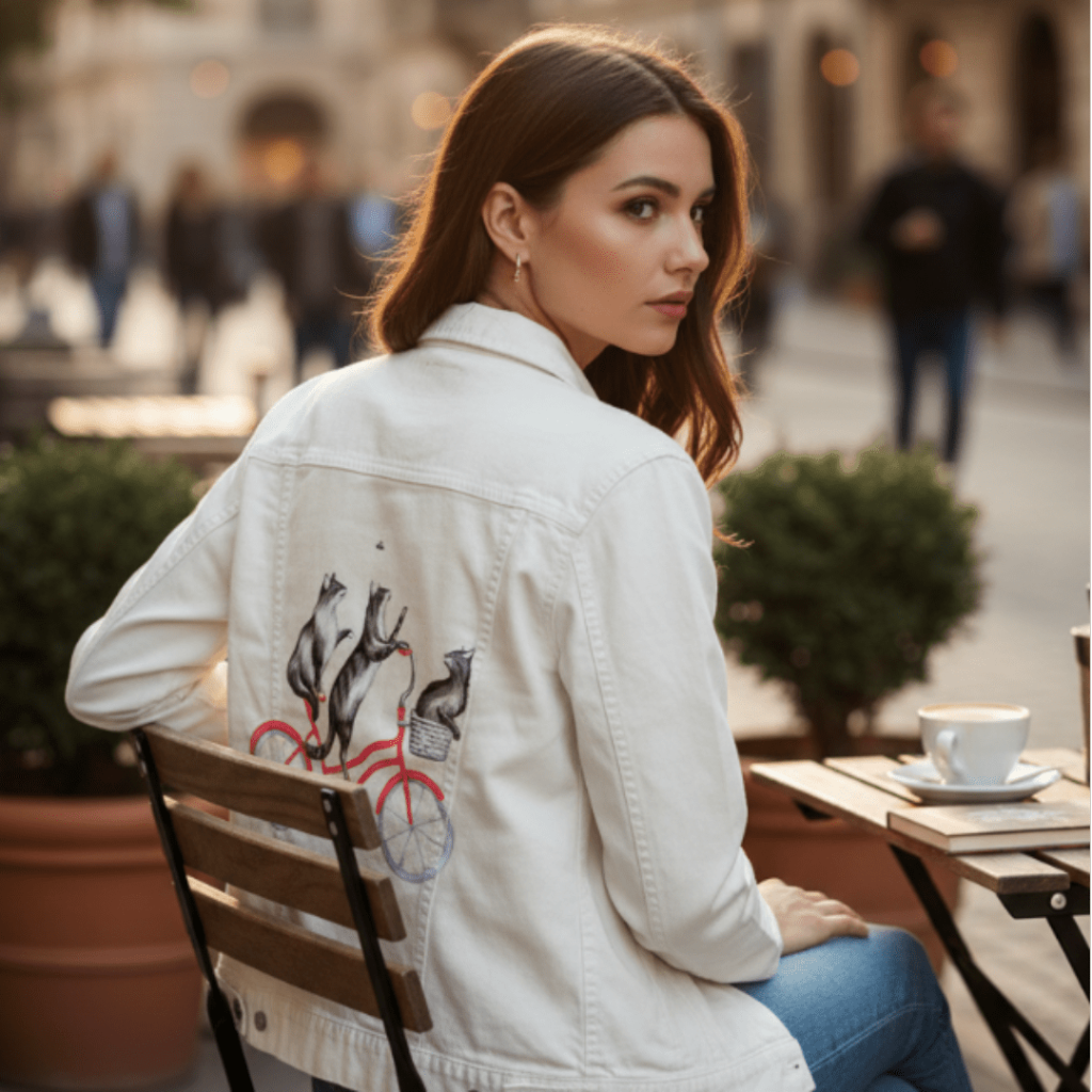 three-quarter rear view of a model seated at a small outdoor café table on a cobblestone street, turning her head over her shoulder with a calm, thoughtful expression. she wears a white denim jacket featuring the artwork “Cats on a Bicycle” by Amélie Legault, printed across the back panel by DenimINK. the design shows gray cats perched together on a red bicycle, their forms slightly curved with a hand-drawn charm that contrasts beautifully against the clean white denim. the jacket rests against the wooden s