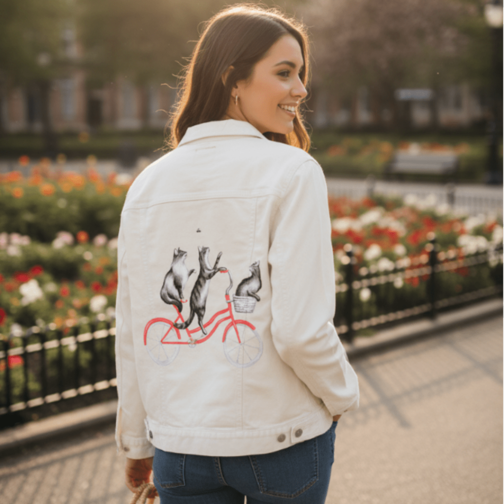 back view of a model walking slowly along a paved path in a sunlit city park, surrounded by blooming flower beds bursting with reds, yellows, and soft pinks that perfume the warm afternoon air with a faint floral sweetness. she wears a crisp white denim jacket featuring the artwork “Cats on a Bicycle” by Amélie Legault, digitally printed on the back panel by DenimINK. the illustration shows three gray cats riding together on a bright red bicycle, their tails lifted in playful balance as the wheels seem to r