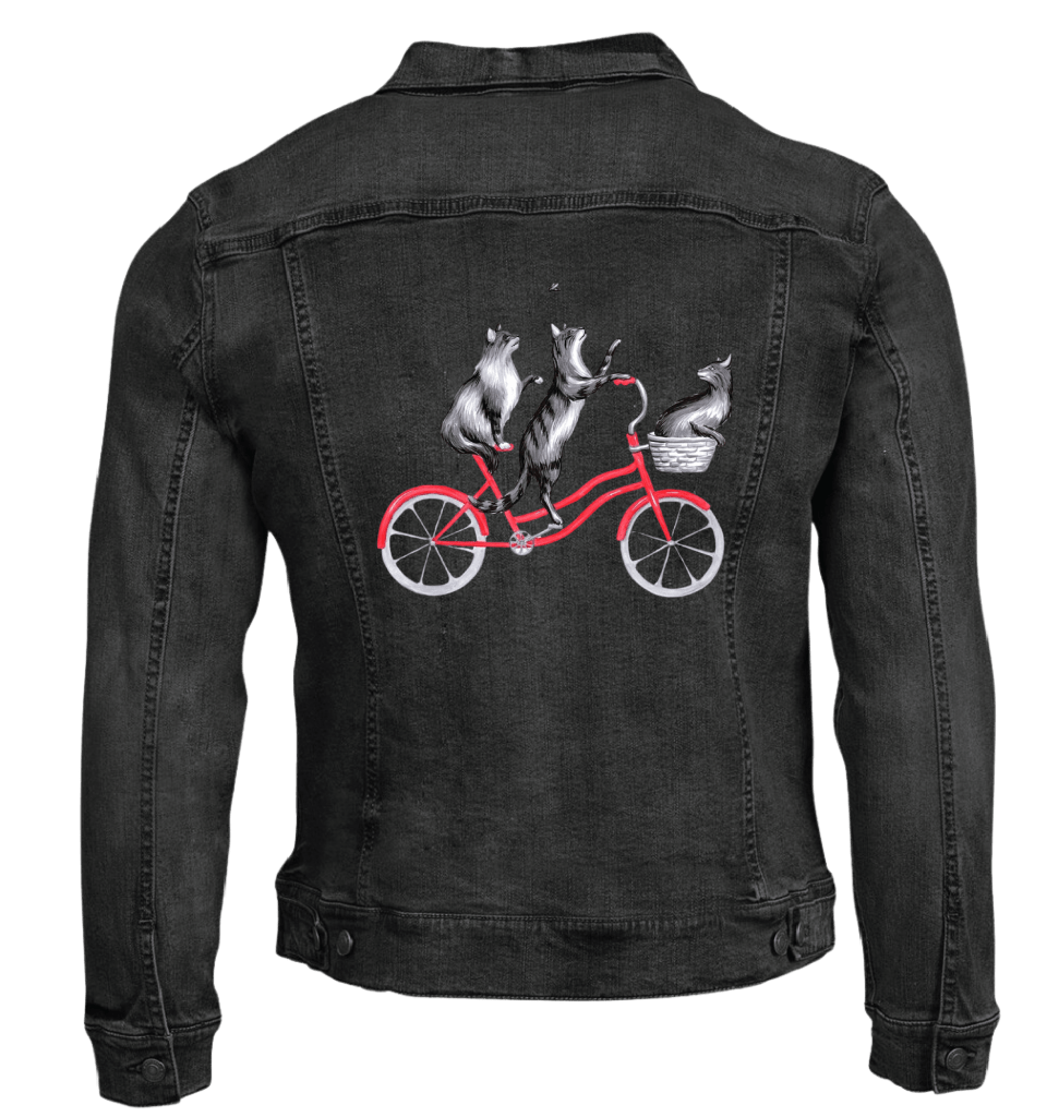 CATS RIDING A BICYCLE by Amélie Legault. custom denim jacket by DenimINK
