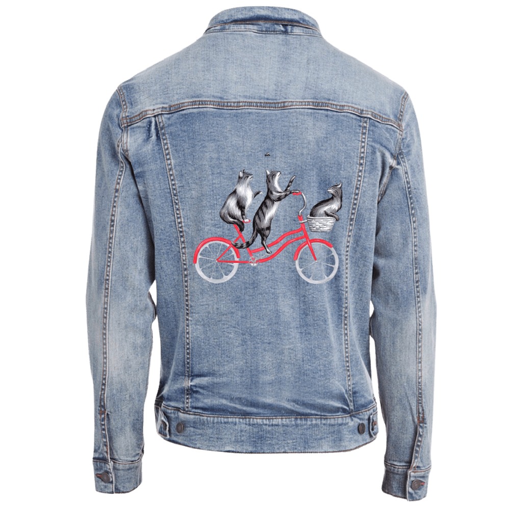 CATS RIDING A BICYCLE by Amélie Legault. custom denim jacket by DenimINK