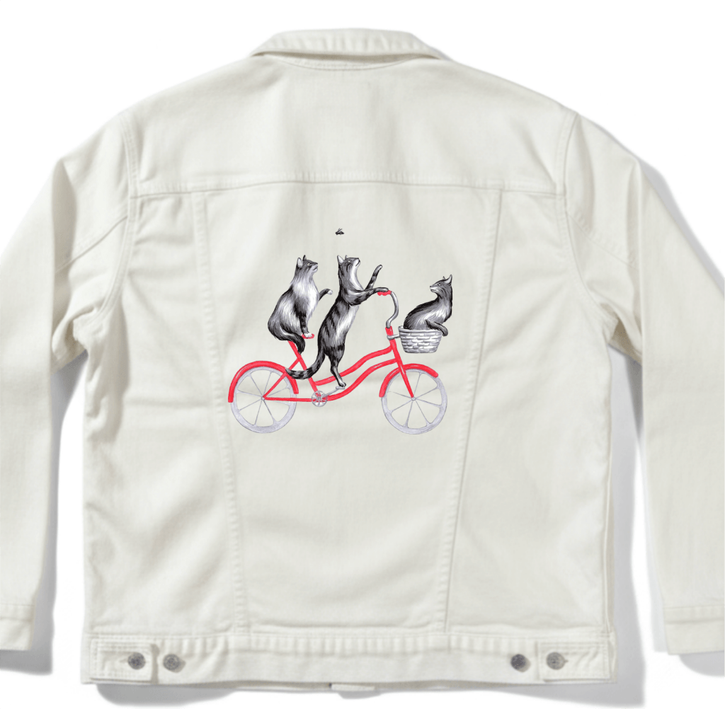 CATS RIDING A BICYCLE by Amélie Legault. custom denim jacket by DenimINK