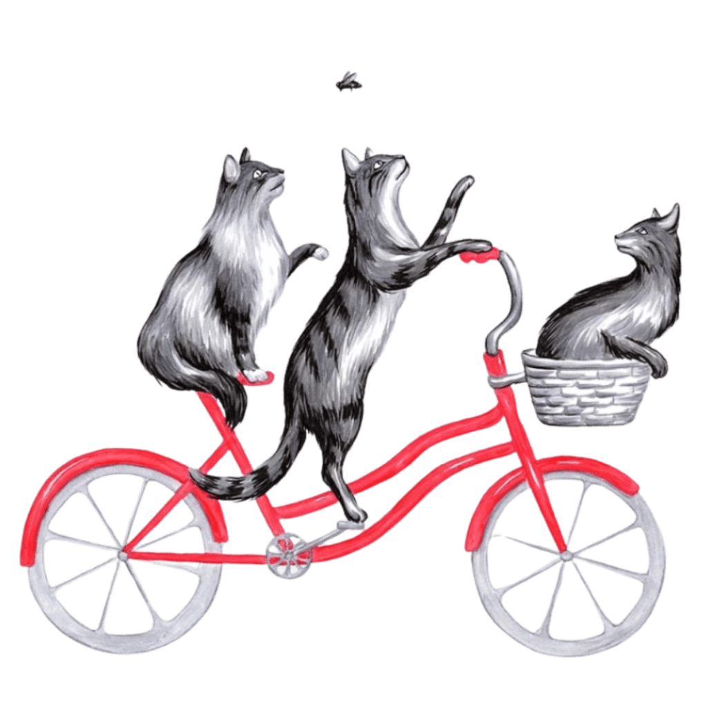 illustration of three gray-and-black striped cats riding a bright red bicycle, with one cat seated on the rear rack, one standing upright pedaling in the center, and one sitting calmly in a front basket. the cats gaze upward toward a small flying insect above them. the bicycle’s wheels and frame are outlined in soft gray and red tones against a pale yellow background with repeating mint and cream geometric triangle patterns. this artwork is titled “Cats Riding a Bicycle” and created by Amelia Legault