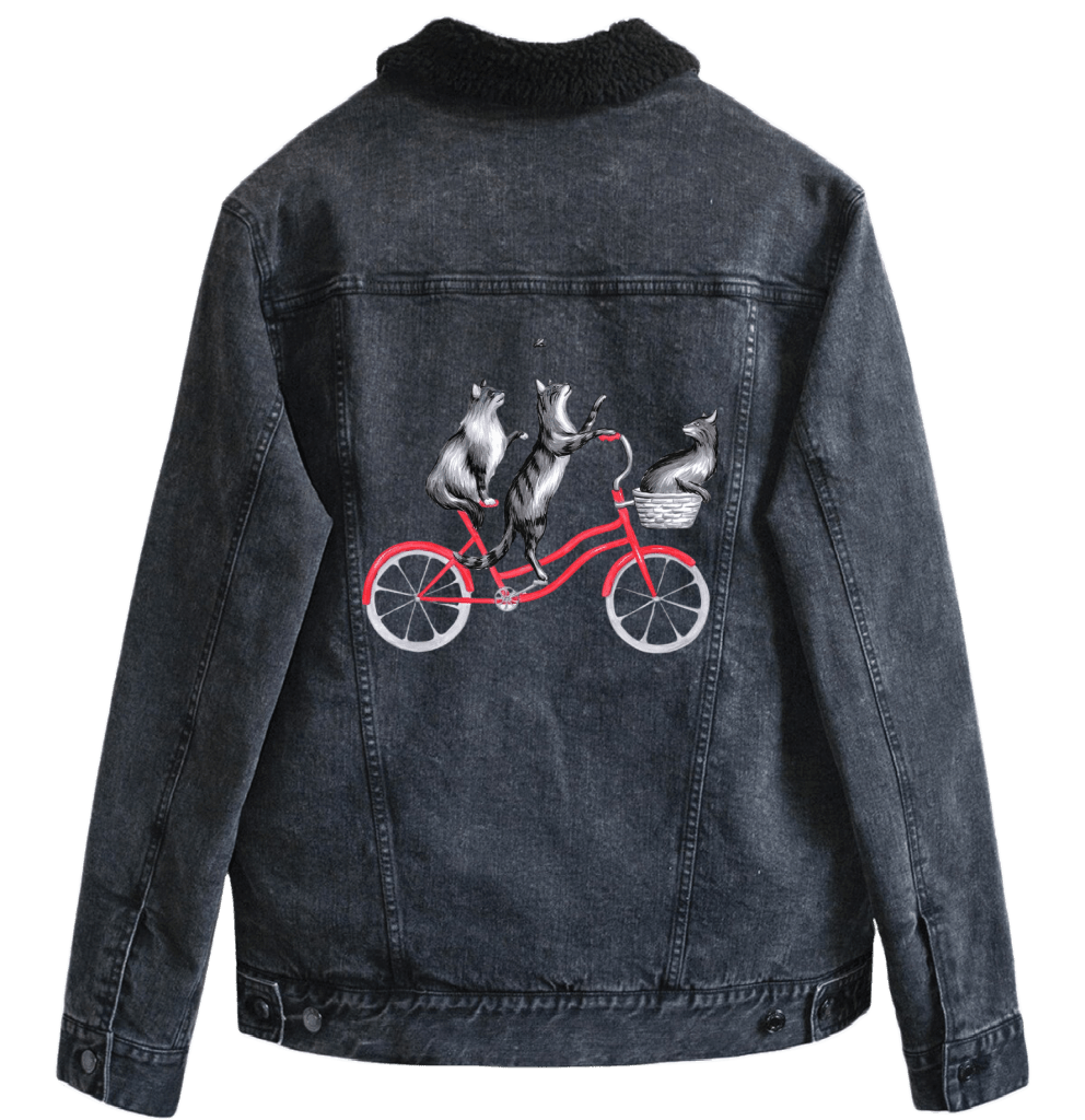 CATS RIDING A BICYCLE by Amélie Legault. custom denim jacket by DenimINK